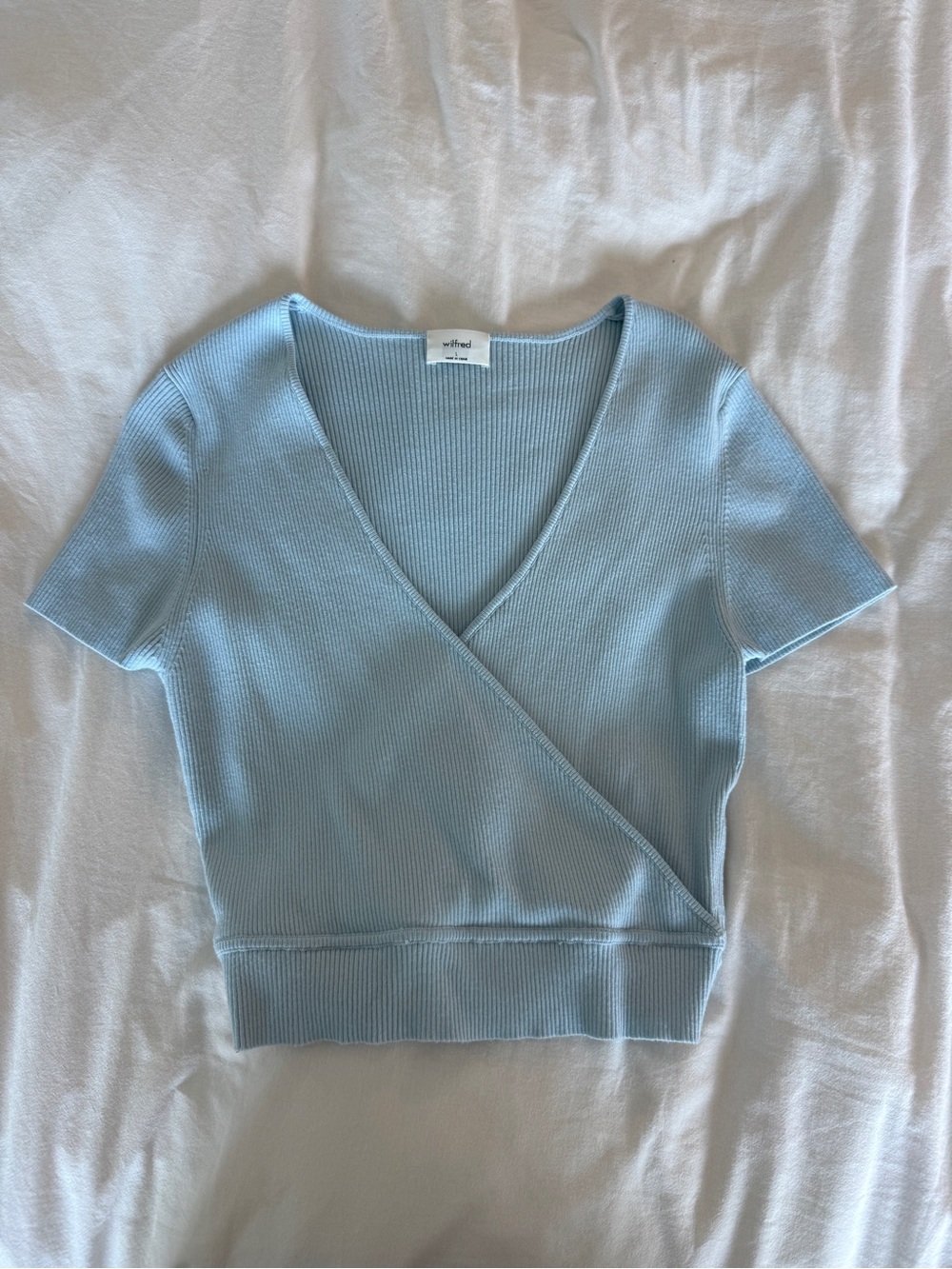 Wilfred Pale Blue Ribbed Wrap Crop Top